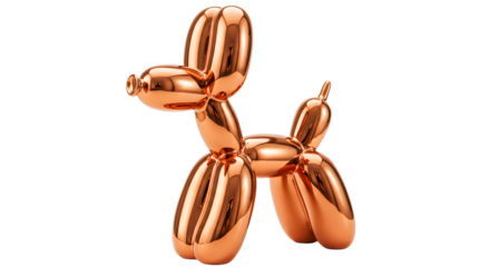 Shiny copper balloon dog sculpture isolated on black background, modern party decoration and playful art piece