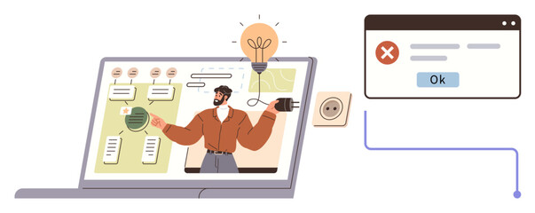 Speaker discussing flowchart on laptop. Nearby error popup signals disconnect. Ideal for technology, innovation, troubleshooting, mistakes, connectivity, workflow teamwork. Simple flat metaphor