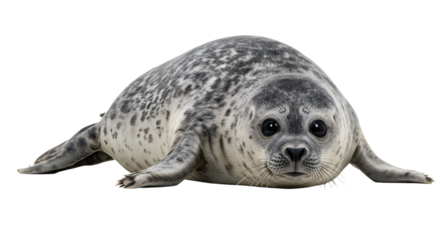 Portrait of a young harbor seal pup with big eyes lying on white background, marine animal image perfect for wildlife and nature projects