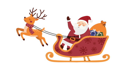 Santa Claus riding sleigh with reindeer and gifts. Cute Christmas vector illustration in flat style. Winter holiday scene isolated on white background.