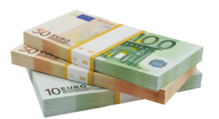 Stacks of euro banknotes in denominations of 10, 50, and 100 euros representing European currency and finance