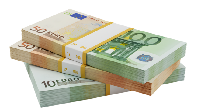 Stacks of euro banknotes in denominations of 10, 50, and 100 euros representing European currency and finance