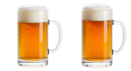 Two full beer mugs with frothy heads isolated on white background, perfect for pubs, bars, and beverage promotions