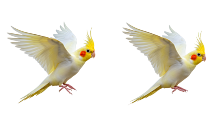 Two yellow cockatiels in flight isolated on black background, beautiful parrots with orange cheeks and crest feathers, perfect for bird or pet themes