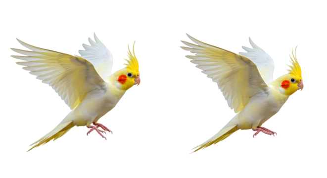 Two yellow cockatiels in flight isolated on black background, beautiful parrots with orange cheeks and crest feathers, perfect for bird or pet themes