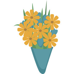 A Bouquet of Orange Daisies and Blue Flowers in a Teal Vase with a Transparent Background Ideal for Design Projects