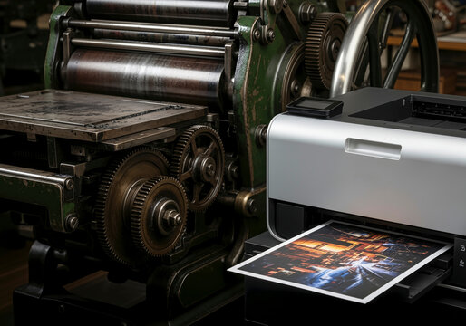 Vintage letterpress printing machine beside a modern printer with an abstract art print. Concept of old meets new. Creative industry, technological progress, artwork reproduction.