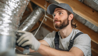 Worker in overalls and gloves is installing ductwork in attic, focused and determined