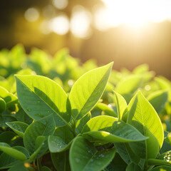 Vibrant Green Leaves with Sunlit Bokeh Background