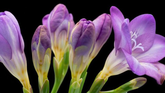 Beautiful purple freesia flowers blooming against a dark background in spring.