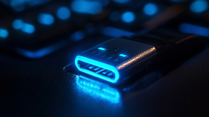 Close up of USB port emitting faint blue glow in hyperrealistic style representing modern technology connection data transfer and digital interface concept with futuristic minimal aesthetic
