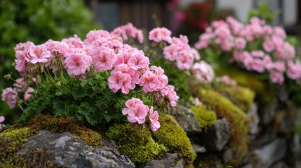 Obraz premium Soft pink flowers cascade down a stone wall surrounded by fresh green moss in a serene garden setting.