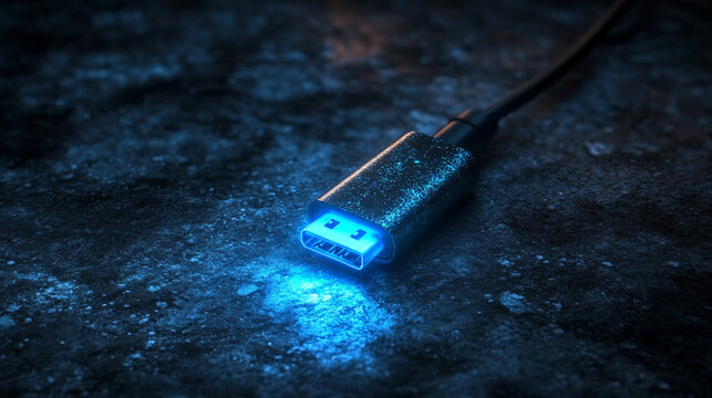Close up of USB port emitting faint blue glow in hyperrealistic style representing modern technology connection data transfer and digital interface concept with futuristic minimal aesthetic - Powered by Adobe