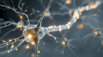 White, gold, and silver tone neural synapse with glowing neurotransmitter bridges symbolizing brain activity, neuroscience, communication, AI, and medical innovation.