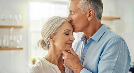 Mature man lovingly kisses a woman's forehead in a bright indoor space. A tender moment of affection and adoration. Lasting commitment, trust, shared experiences.