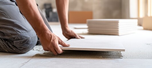 The tile installer laying porcelain floor tiles during home renovation project