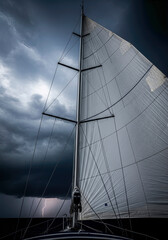 Fototapeta premium Sailboat navigates stormy seas with lightning in the background. A dramatic view of the open water. Nautical adventure, unpredictable weather, stormy seascape.