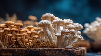 Variety of Mushrooms Displayed on a Wooden Tray