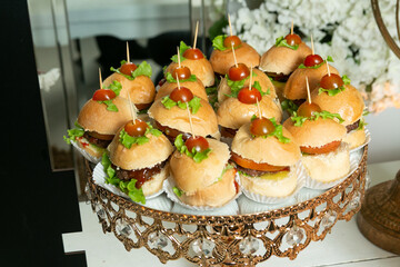 Buffet Catering With Tasty Mini Burgers, Appetizers, And Snacks