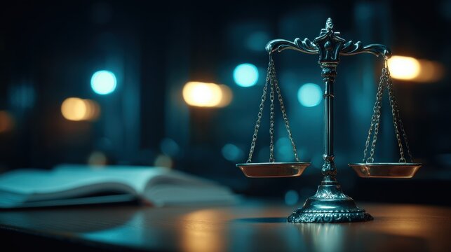 Symbol of Justice: Scales on a Table in Dimmed Lighting