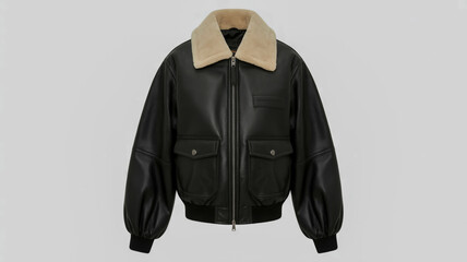Black bomber jacket with fluffy shearling collar and white contrast stitching on a light gray background