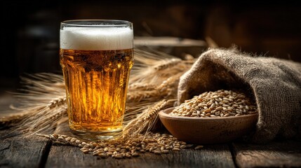 Refreshing Beer with Barley on Rustic Wooden Table