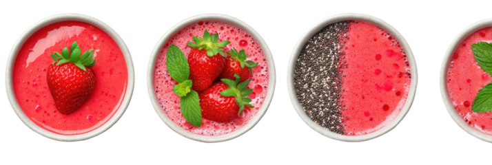 Strawberry smoothie bowls in white bowls, topped with fruit