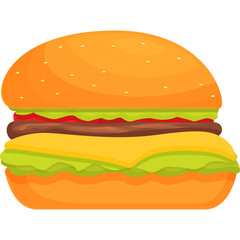 A pixelated hamburger illustration featuring a golden brown bun layered with lettuce cheese and a meat patty on a transparent background