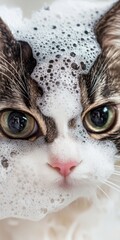 A Playful Cat with Bubbles: The Adorable Face of a Feline Covered in Foam, Showcasing Unique Eyes and a Soft Expression Amidst the Sudsy Shampoo Adventure
