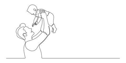 Father and son in one continuous line drawing. Happy dad throws a child into the air in simple linear style. Family and fatherhood concept in editable stroke. Doodle outline vector illustration