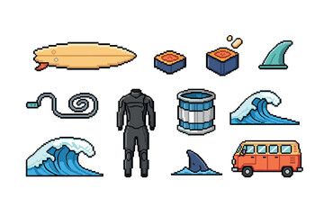 Naklejka premium Retro pixel art collection of surfing equipment and ocean waves elements. Vector illustration