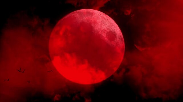 Red Full Moon Red Clouds Bats 4K Loop features a bright red full moon with rolling red clouds in a night sky with bats flying across the screen in a loop.