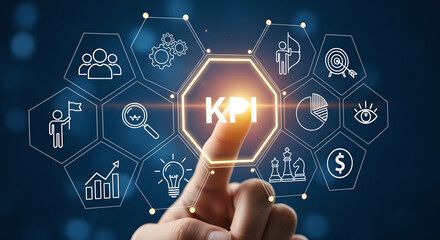 Digital KPI Metrics Performance Management Hand Pointing Blue Copy Space