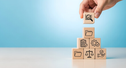 Business Process Management Data Analysis Strategic Planning Hand Blue Background Copy Space