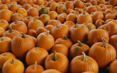 Abundant harvest of fresh pumpkins ready for autumn season, perfect for fall festivals and seasonal decorations