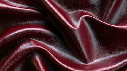 Fototapeta premium Close-up of shiny burgundy leather material with smooth folds and reflections, ideal for backgrounds, fashion design, and product mockups. 