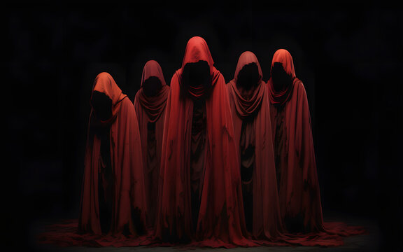 Mysterious figures in red cloaks stand in a dark void, a haunting and enigmatic presence.