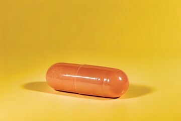 Orange capsule on a yellow background. Shiny Orange Gel Capsule Supplement on a Bright Yellow Background with Copy Space.