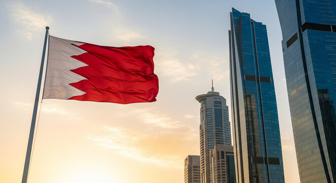 Bahrain Flag Waving Beside City Towers