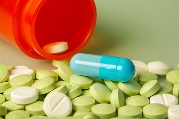 Assortment of Colorful Medications: Blue Capsule, Green and White Pills Spilling from an Orange Bottle.