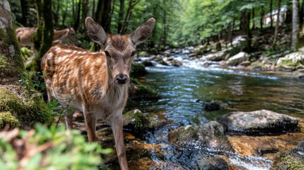 a deer walking through river