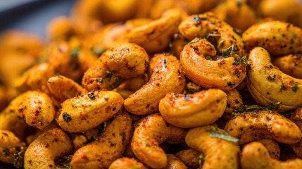 Spiced cashew nuts fill a dark plate showcasing a mix of vibrant colors and textures perfect for snacking.