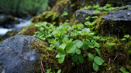 Fresh green plants grow robustly on stones by a gentle stream in a serene forest setting.