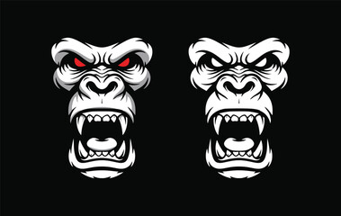 Two stylized gorilla faces with open mouths and menacing expressions, set against black.