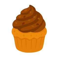 Flat vector illustration of a chocolate cupcake with cream topping, cute sweet dessert, isolated on white background.