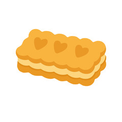Flat vector illustration of a rectangular cookie with heart shapes and cream filling, cute dessert design, white background.