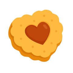 Flat vector illustration of a heart shaped cookie with jam center, cute sweet dessert, white background.