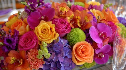 Obraz premium Bright and lively flowers create a stunning centerpiece for a joyful gathering in springtime.