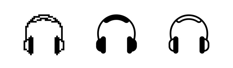 Three Headphones Icons Showing Pixelated, Solid, and Outline Styles
