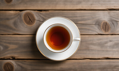 Warm black tea in a classic white cup and saucer on rustic wooden background.